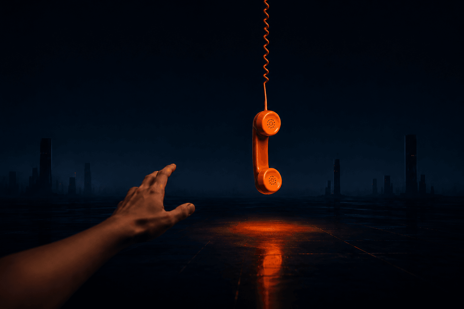A hand reaching for an unanswered orange telephone suspended over a dark city
